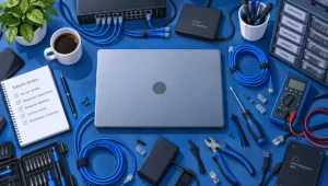 Cables de prueba, conectores y herramientas cubren una mesa de trabajo dedicada al mantenimiento de sitios web.
