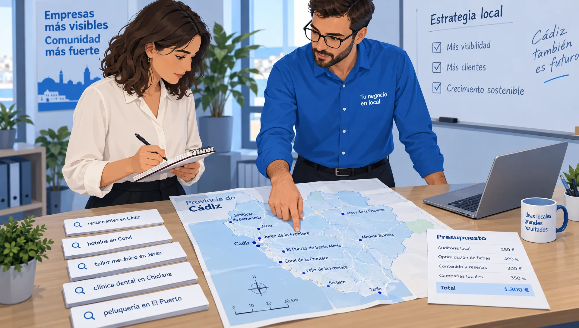 Un empresario y un asesor revisan búsquedas locales, un mapa de Cádiz y el presupuesto para anuncios publicitarios de Google.