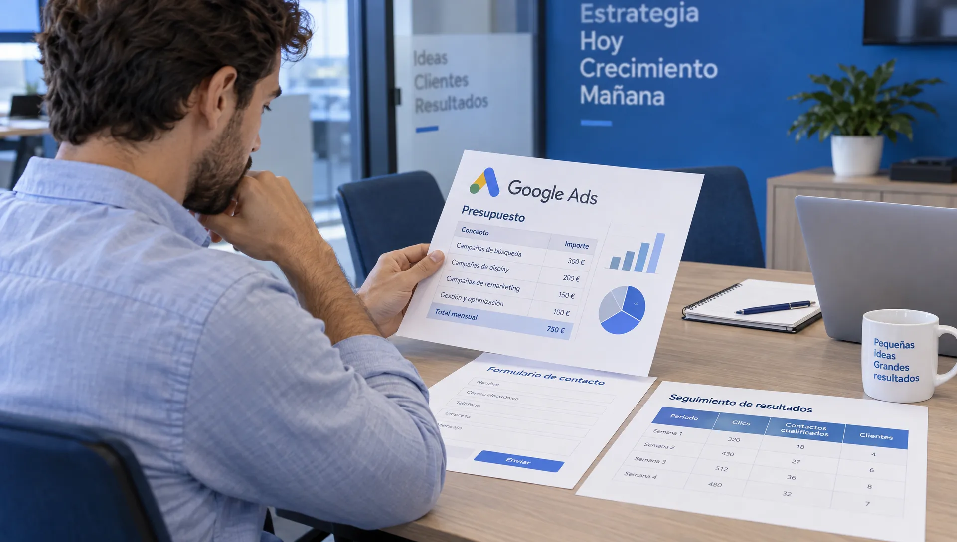 Un profesional revisa el presupuesto de Google Ads y compara clics con contactos cualificados y clientes potenciales.