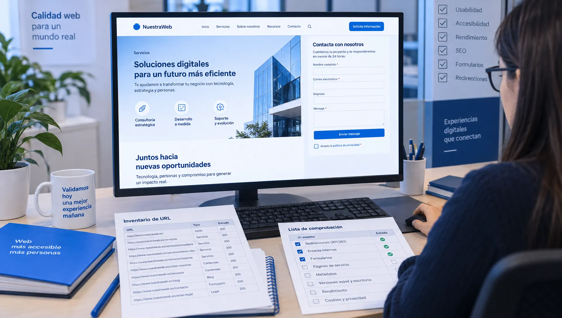 Una especialista comprueba una página y un formulario mientras revisa el inventario de URL de una migración SEO.
