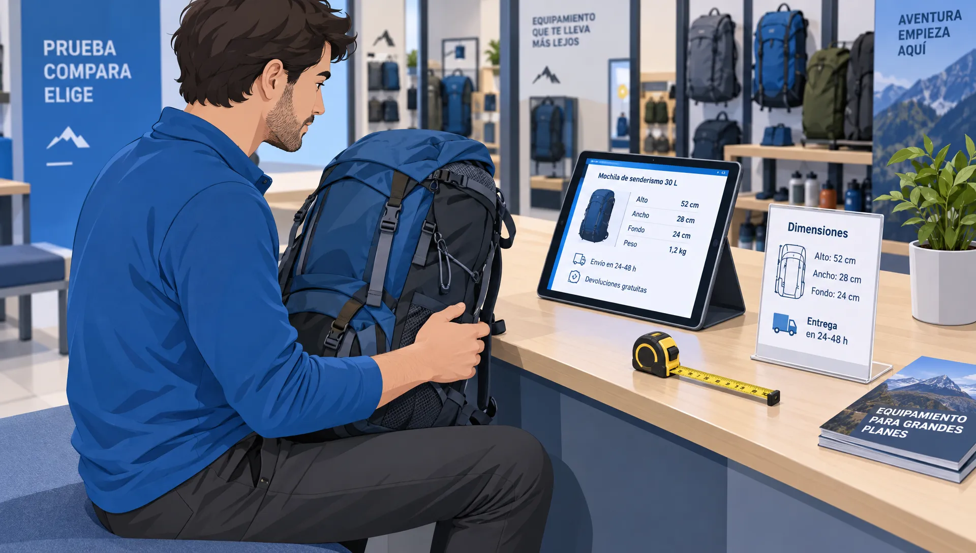 Qué debe resolver el diseño de un ecommerce antes del pago 1 Una persona comprueba en una tableta las medidas de una mochila antes de elegirla en una tienda de equipamiento.