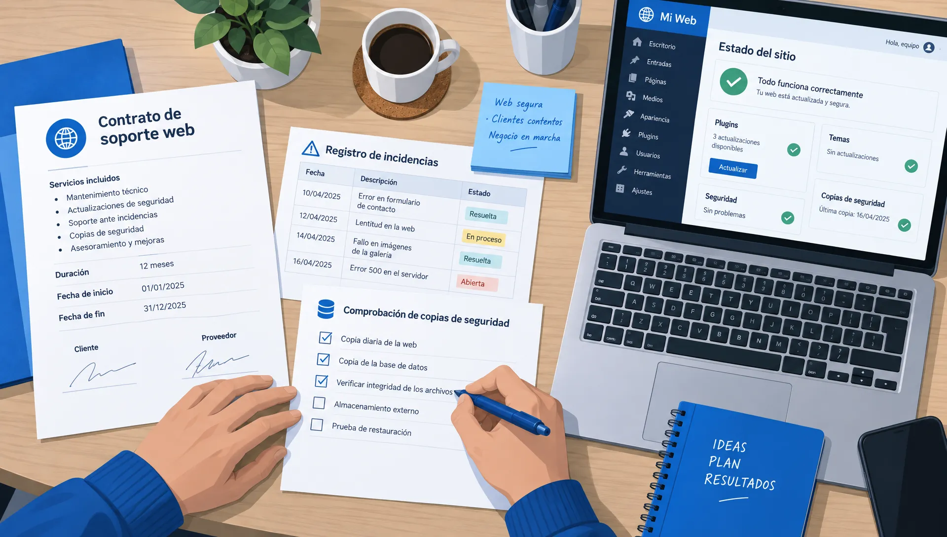 Una persona revisa un contrato, incidencias y copias de seguridad para comparar el soporte de empresas de desarrollo web.