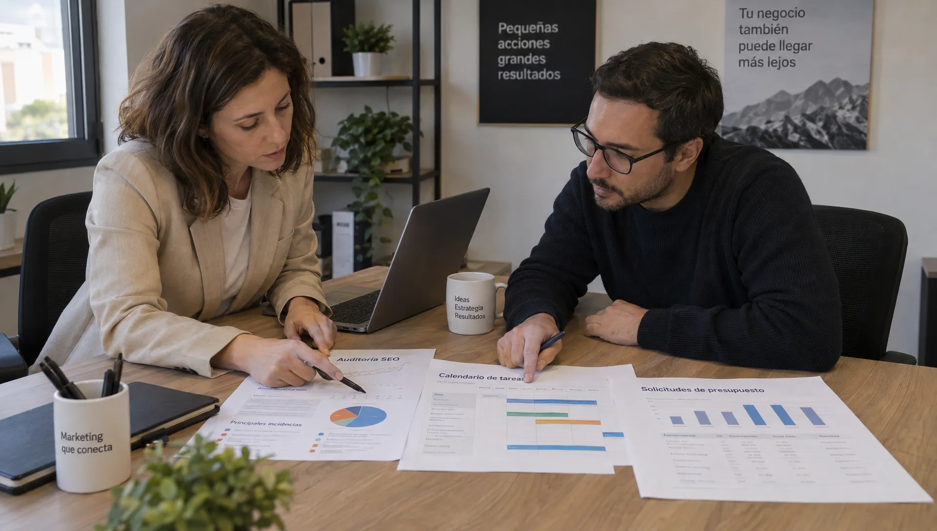 Una responsable de empresa y un consultor SEO revisan una auditoría, tareas pendientes y solicitudes de presupuesto.