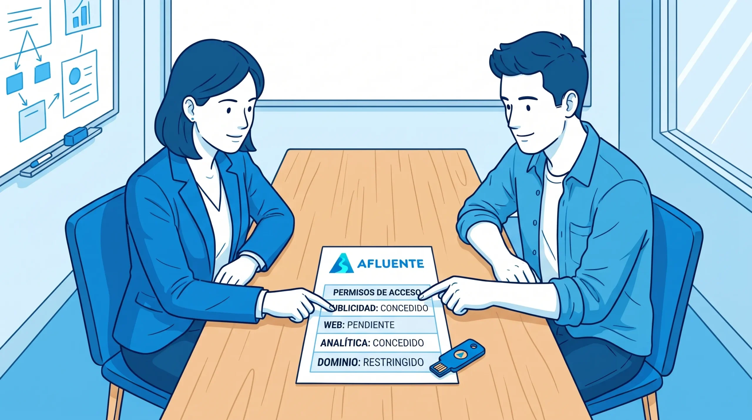 Qué accesos debe tener tu agencia de marketing y cuáles no 1 Una responsable y una consultora revisan los permisos de publicidad, web y analítica, con una llave de seguridad sobre la mesa.