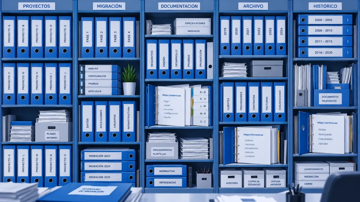 Archivadores con inventarios y direcciones web organizan la documentación de un proyecto de migración.