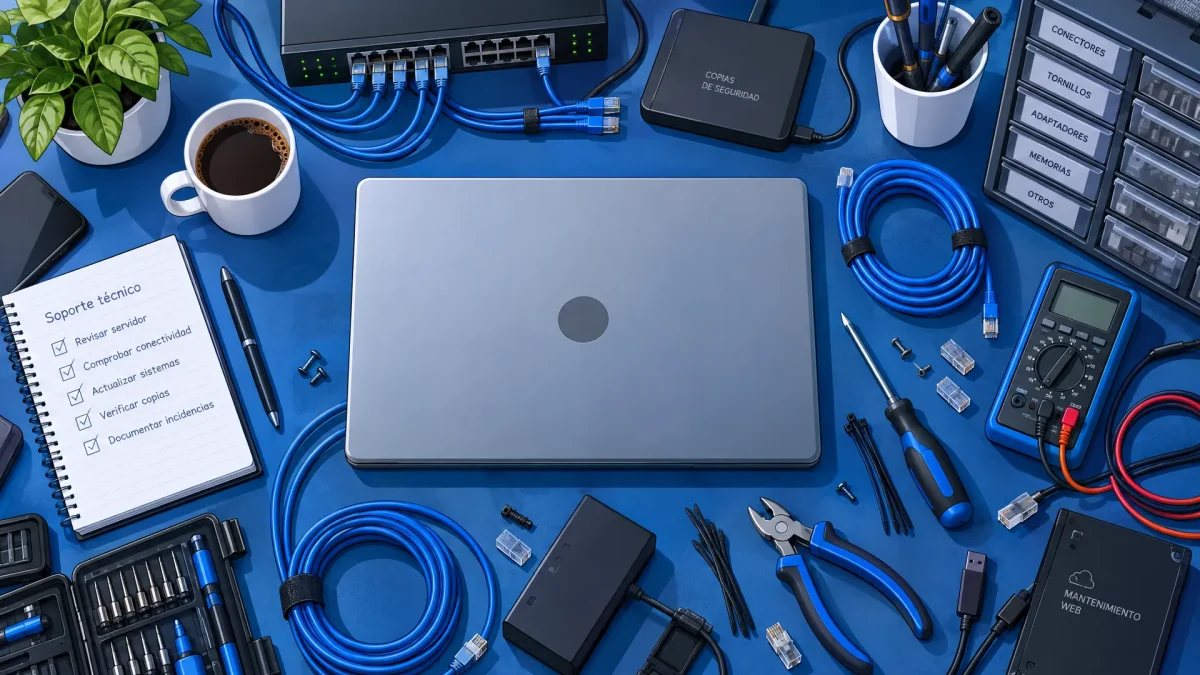 Cables de prueba, conectores y herramientas cubren una mesa de trabajo dedicada al mantenimiento de sitios web.