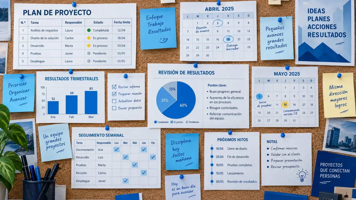 Documentos de seguimiento, tareas y calendarios cubren una pared de trabajo para coordinar un proyecto de marketing digital.