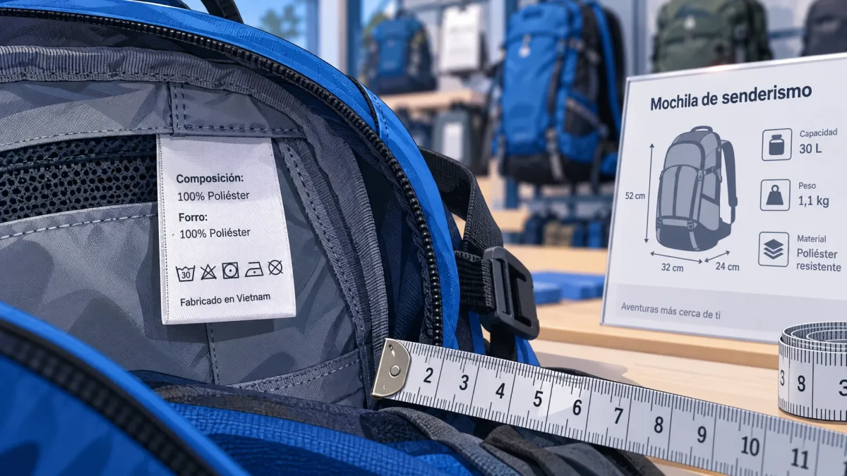 Una cinta métrica y la etiqueta de una mochila permiten comprobar sus dimensiones y materiales en una tienda de equipamiento.