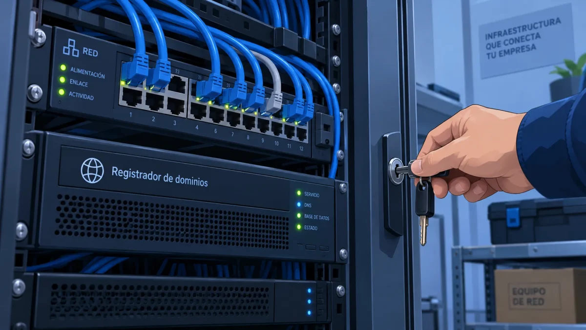 Una mano abre el armario de red de una empresa, donde el equipo y sus conexiones muestran la infraestructura digital que conviene mantener bajo control.
